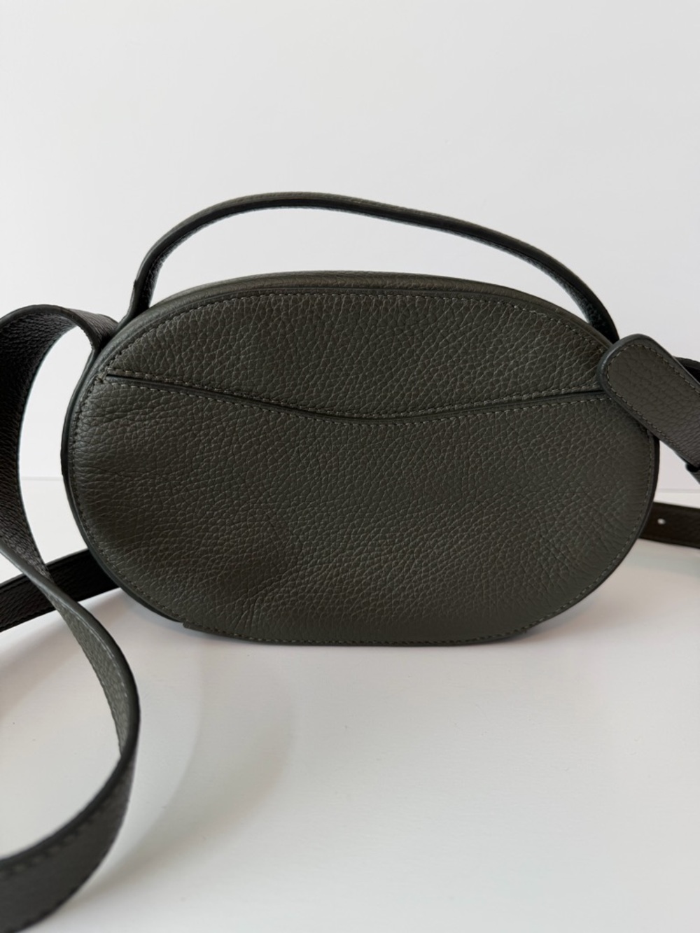 Cuyana Top Handle Leather Oval Crossbody Bag in Dark Olive - Picture 4 of 12